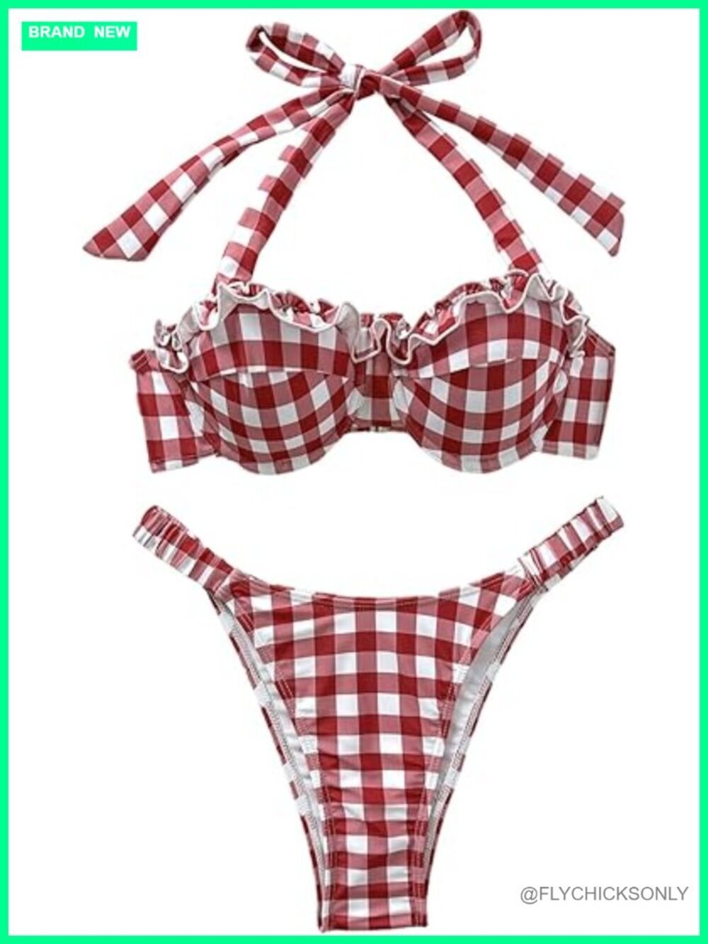 Gingham Ruffle Halter Push Up Cheeky Thong Bikini Set